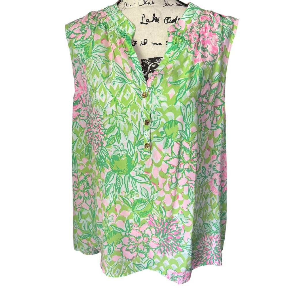 Lilly Pulitzer Sleeveless Elsa Silk Top Size XL Fauna Green Floral Blouse $158